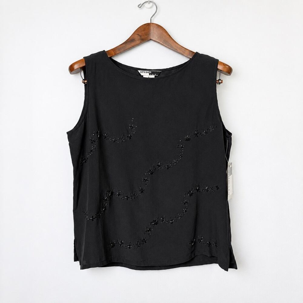 Studio Black 100% Silk Beaded Embroidered Sleeveless Top Size L NWT Y2K
